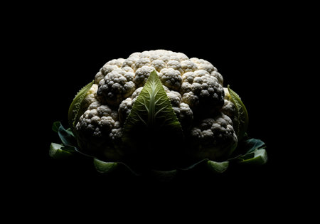 Fresh white cauliflower head dramatically illuminated against a stark black background. low key studio shot emphasizing texture, healthy food, and raw vegetable concepts.の素材