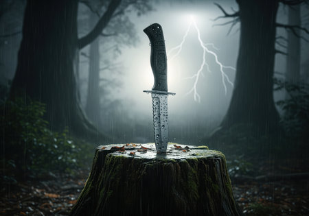 Serrated survival knife firmly driven into a weathered, mossy tree stump in a dark, rainy forest. dramatic lightning flashes illuminate the ominous scene, suggesting danger and mystery.の素材