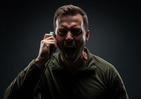 Furious man screaming intensely into a telephone handset in a dramatic low key studio portrait. depicting crisis, urgency, stress, anger, and communication breakdown.の素材