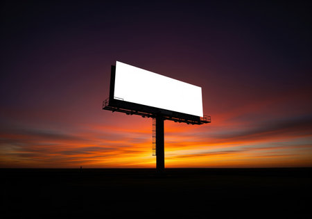 Isolated blank white advertising billboard standing tall on a pole, silhouetted against a dramatic, fiery orange and purple sunset sky. perfect for outdoor marketing mockups or commercial promotion.の素材