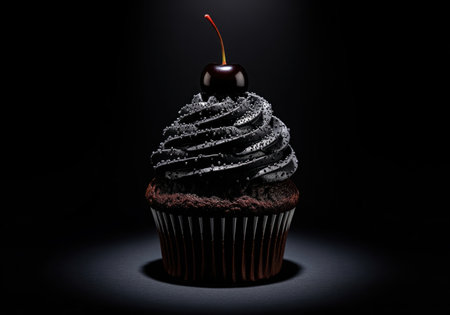 Dark chocolate cupcake featuring rich black frosting dusted with silver sprinkles, dramatically lit against a solid black background, topped with a single cherry. decadent dessert concept.の素材