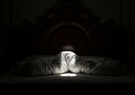 Crumpled white duvet on an empty bed dramatically illuminated by a single, intense spotlight against a dark background, emphasizing chiaroscuro contrast and shadow.の素材