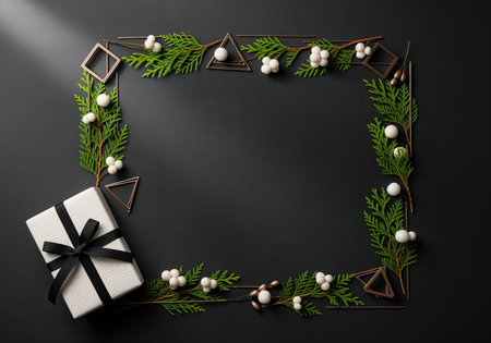 Sophisticated flat lay featuring a rectangular frame border crafted from evergreen cedar boughs, white berries, and geometric copper elements, alongside a white gift box with a black ribbon, set against a dark background.の素材