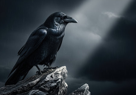 Black raven perched on a rugged cliff edge under a dramatic, stormy night sky. the dark, moody scene conveys mystery, foreboding, and gothic themes.の素材
