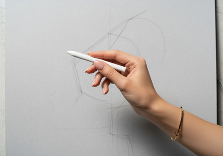 Woman elegant hand, adorned with a gold bracelet, holding a white chalk stick, actively sketching a preliminary outline on a textured gray paper or canvas. depicts the creative process, art education, and drawing technique.の素材