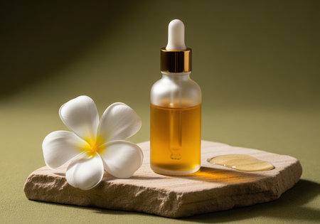 Frosted glass dropper bottle filled with golden essential oil next to a white plumeria flower, resting on a rough stone podium. natural beauty, spa, and organic skincare concept.の素材