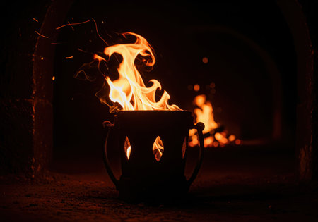 Fierce orange flame burning intensely in a dark, ornate metal brazier, casting dramatic light and shadows. sparks fly upward against the deep black background, symbolizing heat, danger, and elemental power.の素材