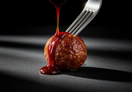 Single savory meatball pierced by a fork, dramatically covered in thick, rich barbecue sauce dripping onto a dark slate surface. appetizing food photography shot with low key lighting.の素材