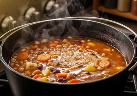 Steaming hearty vegetable and bean soup, including carrots, potatoes, and various beans, simmering intensely in a black cast iron pot on a stovetop. focus on warmth, comfort food, and healthy cooking.の素材