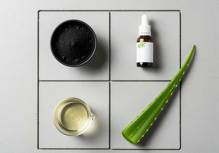 Activated charcoal powder, essential oil dropper bottle, measuring cup with oil, and fresh aloe vera leaf arranged on a gray tiled surface, top view.の素材