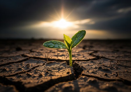 Young green seedling with water drops pushing through dry, cracked soil. dramatic sunlight and dark clouds emphasize themes of resilience, growth, and climate change survival.の素材