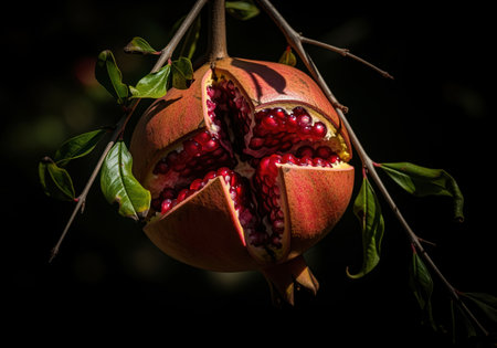 Ripe pomegranate fruit naturally split open, revealing vibrant red arils while still hanging on the branch. dramatic low key lighting emphasizes texture and color.の素材