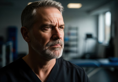 Serious senior man, likely a physical therapist or doctor, wearing dark scrubs, captured in a dramatic, high contrast close up portrait. his face shows intense focus and determination in a blurred clinic environment.の素材