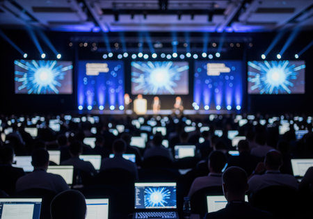 Large audience attending a technology conference, focused on the stage presentation illuminated by bright blue spotlights and large digital screens. attendees use laptops.の素材
