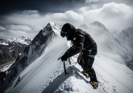 Mountaineer in black winter gear ascending a steep, exposed snow ridge using an ice axe under a dramatic, cloudy sky. extreme altitude, challenge, and determination in harsh conditions.の素材