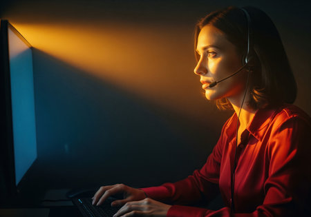 Professional woman wearing a headset typing on a keyboard, illuminated by dramatic golden and blue cinematic light in a dark environment.の素材