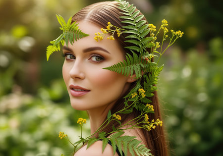 Sophisticated portrait of a woman adorned with green fern leaves and yellow flowers, captured outdoors in a lush, sunlit natural environment.の素材
