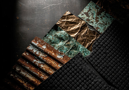 Abstract still life composition featuring a diagonal arrangement of raw, distressed industrial materials, rusted corrugated metal, crumpled bronze foil, oxidized copper, and dark textured rubber.の素材