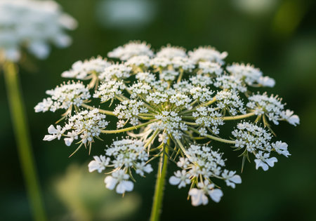 Delicate white queen anne lace wild carrot flower head captured in a detailed macro photograph. the intricate umbel structure stands out against a soft, dark green natural background, symbolizing purity and wild beauty.の素材