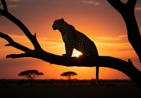 African leopard sitting on a thick tree branch, silhouetted against a vibrant orange and red sunset over the savanna landscape. wildlife, nature, and safari concept.の素材