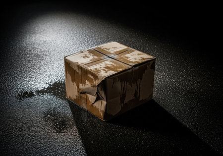 Severely water damaged and crushed cardboard shipping box lying on a dark, wet, reflective surface under dramatic spotlighting. symbolizes poor delivery, risk, and insurance claims.の素材