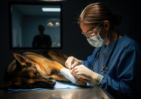 Professional female veterinarian applying a bandage to the injured paw of a german shepherd dog on an operating table in a dark veterinary clinic, highlighting animal care and surgery.の素材