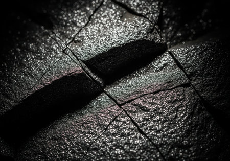 Close up photograph of a dark, rough igneous rock surface, possibly basalt, featuring sharp angular fractures and fine, sparkling silver mineral inclusions under dramatic lighting.の素材