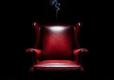 Red leather wingback club chair dramatically lit against a black background. a wisp of smoke rises above the empty seat, suggesting mystery, power, and absence in a vintage film noir aesthetic.の素材