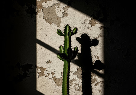Green columnar cactus against a distressed wall, dramatically illuminated by sunlight, casting a sharp silhouette shadow. high contrast, moody, minimalist aesthetic.の素材