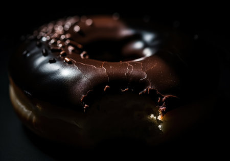 Bitten chocolate glazed donut with sprinkles captured in dramatic low key lighting. the dark, reflective cocoa icing shows cracks and highlights, emphasizing the indulgent dessert concept.の素材