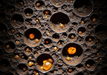 Pitted, heavily oxidized iron surface featuring deep circular holes of various sizes. small, translucent amber spheres rest within the depressions, creating an abstract, microscopic texture.の素材