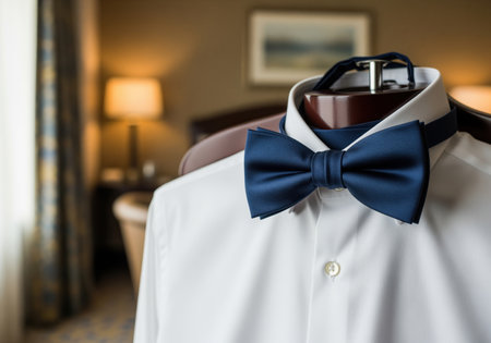 Navy blue silk bow tie perfectly tied and displayed on a crisp white dress shirt hanging in a luxurious hotel room setting. formal attire preparation for a wedding or business event.の素材