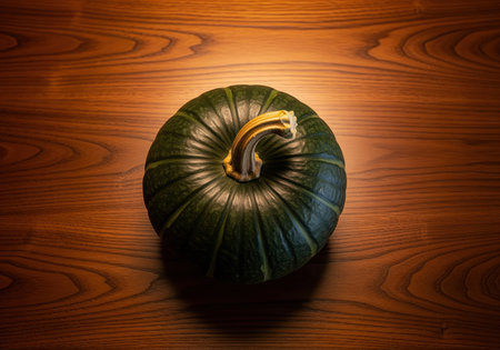Dark green kabocha squash centered on a rustic wooden table, captured from an overhead perspective. dramatic lighting emphasizes the texture, perfect for autumn and gourmet food themes.の素材