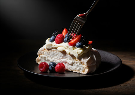 Pavlova meringue dessert slice topped with whipped cream, fresh raspberries, blueberries, and strawberries on a dark plate. a fork is digging into the sweet treat.の素材