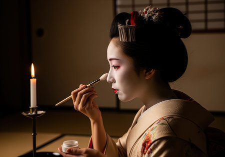 Geisha applying traditional white oshiroi makeup to her face with a brush, illuminated by the soft, warm glow of a single candle. traditional japanese beauty ritual preparation.の素材