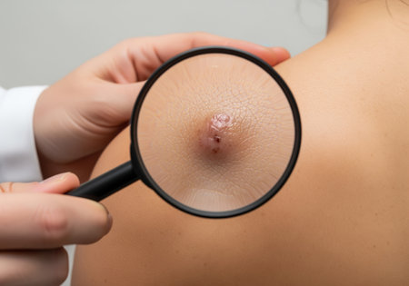 Dermatologist examining an inflamed skin nodule on a patient back using a magnifying glass. clinical close up shot emphasizing diagnosis, dermatology, and skin health.の素材