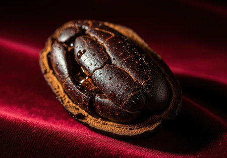 Raw, dark cacao bean fragment, wet with droplets, resting on rich red velvet fabric under dramatic lighting. focus on texture, luxury, and chocolate ingredients.の素材