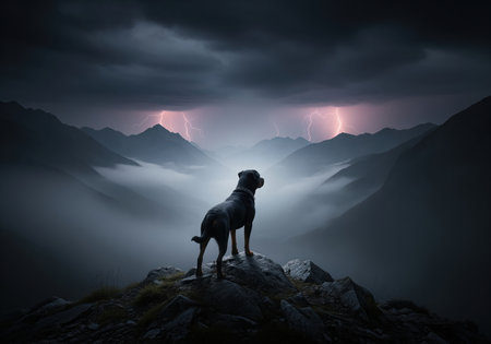 Powerful dark dog standing alert on a rocky summit, observing a vast, foggy mountain valley illuminated by intense lightning strikes under a severe, stormy sky. epic and dramatic scene.の素材