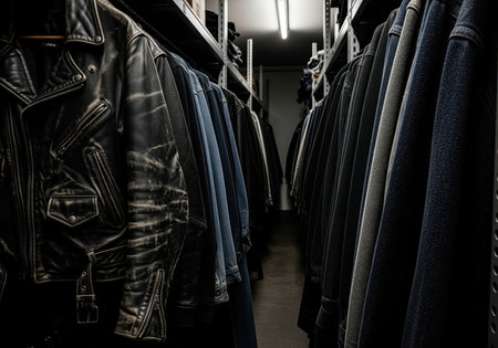 Worn black leather motorcycle jacket hanging prominently among rows of dark denim clothing stored on industrial metal racks in a dimly lit stockroom.の素材
