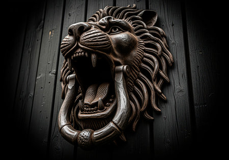 Detailed antique cast iron roaring lion head door knocker mounted on dark, weathered wooden planks. symbolizes strength, security, and vintage architecture.の素材