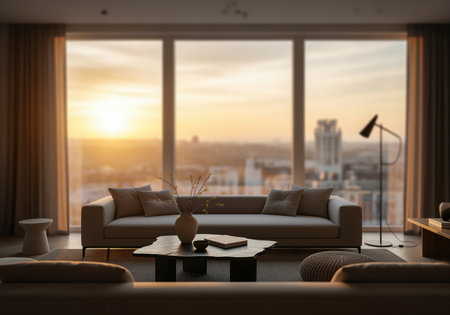 Sophisticated living room interior featuring a modern sofa, coffee table, and floor lamp. large panoramic window offers a blurred view of the urban skyline during sunset. elegant and cozy design.の素材
