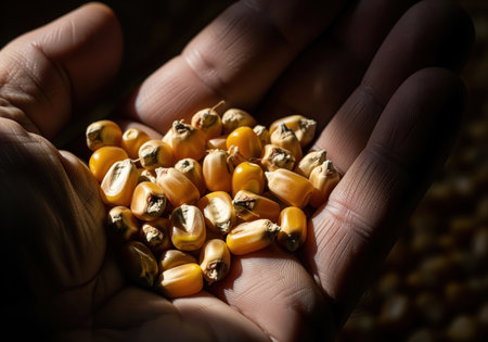 Dry yellow corn kernels held in the palm of a hand, highlighted by dramatic lighting. focus on the texture and detail of the grain, symbolizing harvest, farming, food production, and commodity trade.の素材