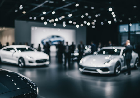 Luxury sports cars displayed in a sophisticated, dark showroom environment. blurred silhouettes of men and bright bokeh lights create an exclusive, high end atmosphere.の素材