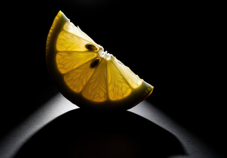Bright yellow lemon wedge dramatically backlit, revealing the translucent pulp and seeds against a stark black background. high contrast studio shot emphasizing freshness and citrus flavor.の素材
