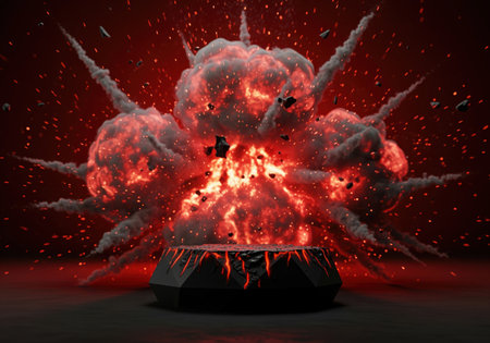 Volcanic black geometric pedestal standing beneath a massive, destructive explosion of fire, smoke, and flying debris. intense red background emphasizes power and chaos.の素材