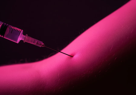 Hypodermic syringe needle penetrating human skin on an arm, dramatically illuminated by pink light. focuses on injection, medicine, addiction, and medical procedure.の素材