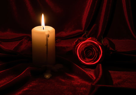 Burning white pillar candle casting warm light and dramatic shadows next to a deep red rose accented with a glowing neon circle, resting on draped velvet.の素材