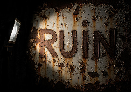 Word RUIN etched into a heavily rusted, peeling industrial metal plate, dramatically illuminated by a harsh spotlight in a dark environment, symbolizing decay and destruction.の素材