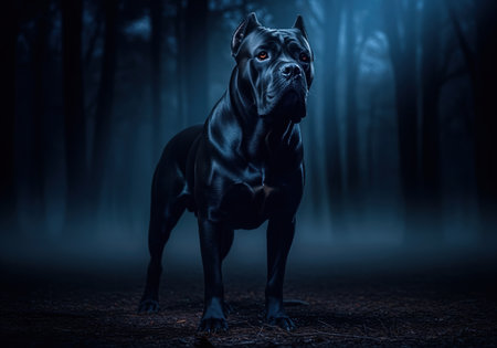 Massive black cane corso dog standing powerfully in a dark, foggy forest clearing. low key lighting emphasizes its muscular build and intense, watchful expression, creating a dramatic and mysterious atmosphere.の素材