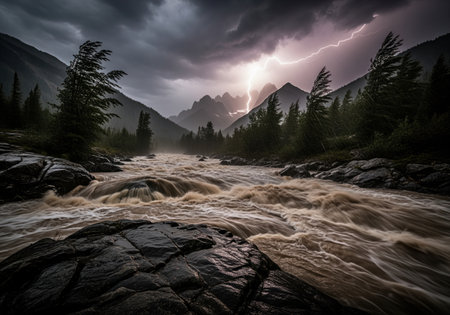 Raging muddy river torrent flowing through a dark mountain valley during a fierce thunderstorm. dramatic lightning illuminates the stormy sky and peaks, symbolizing raw nature power and extreme weather.の素材